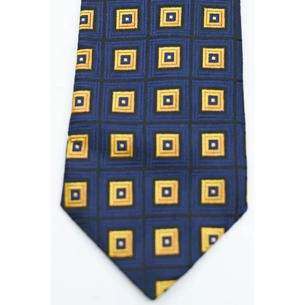 Canali Mens Silk Tie Navy Blue Gold Geometric Square Pattern Made in Italy